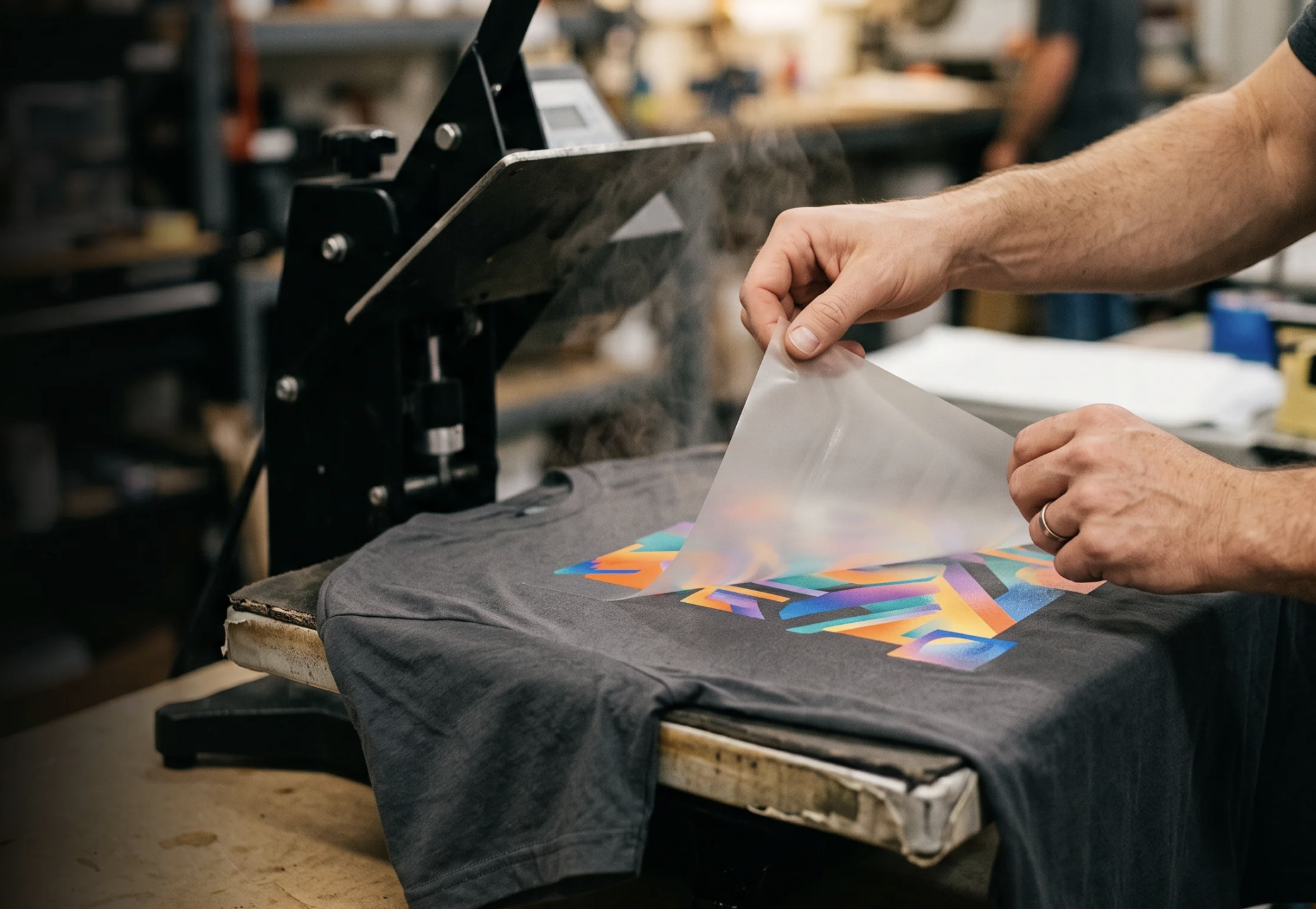 Stock image of hands peeling transfer film from a printed shirt beside a heat press